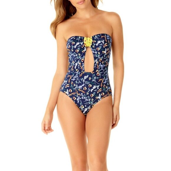 NEW Studio Anne Cole Women's Smocked Tab Bandeau One Piece Swimsuit Blue Size 12 - Picture 16 of 16